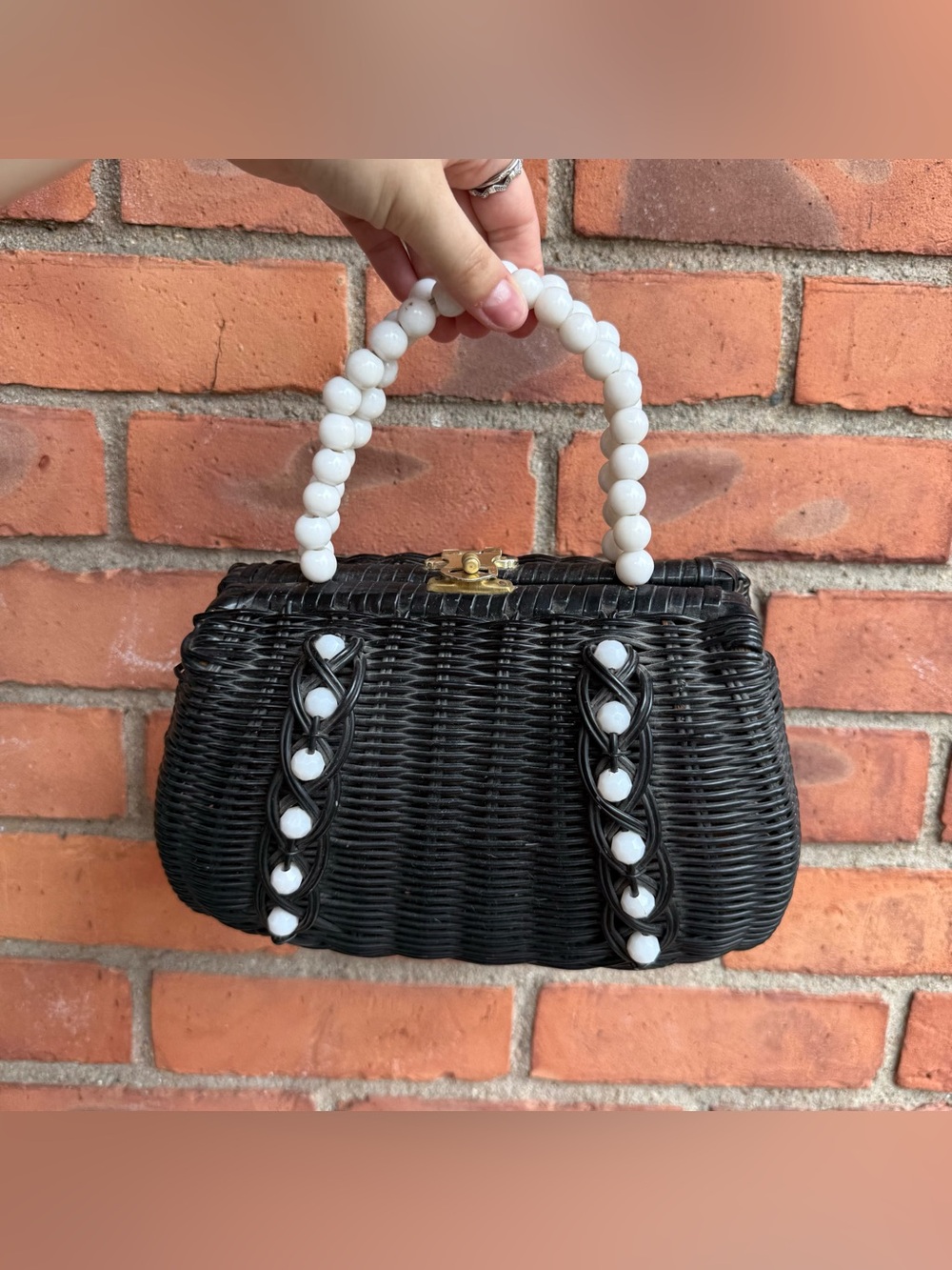 Vintage Black Wicker beaded Purse made in Hong Kong